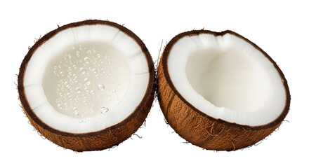 A fresh coconut cut in half, revealing its white flesh and water, isolated on transparent background