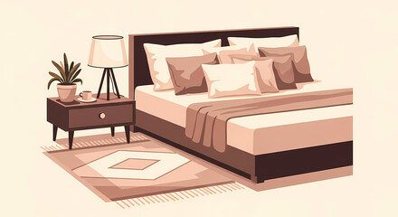 Serene bedroom scene with cozy bed, stylish bedside table, and geometric rug evokes relaxation and comfort for interior design and lifestyle visuals