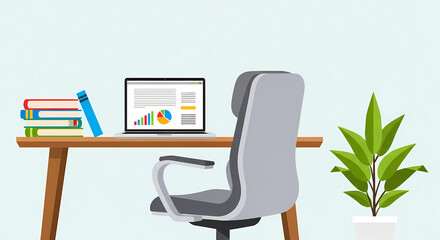 Modern workspace with financial charts on laptop, books and potted plant for study, office, business, work from home, and a clean professional look