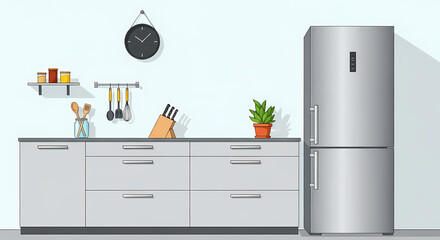 Modern kitchen interior design with stainless steel refrigerator, stylish cabinets, and cooking utensils, perfect for home decor inspiration or renovation concepts