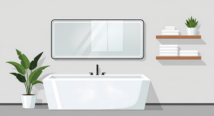 Modern bathroom design with a sleek bathtub, minimalist mirror, and refreshing green plant, perfect for creating a relaxing spa-like retreat at home