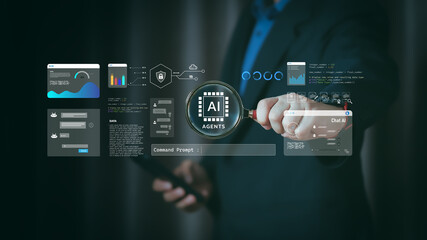 AI agents interact with digital data interfaces for processing and analysis. The scene highlights machine learning, data-driven technology, and automation, making it ideal for tech professionals, 