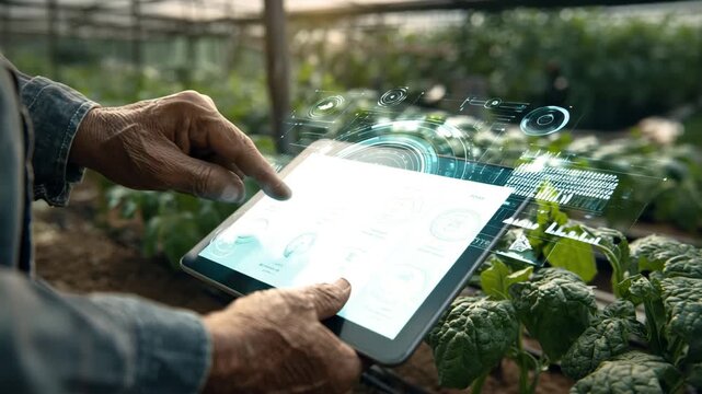 Farmer using digital tablet with AI interface for precision agriculture