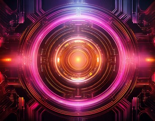 abstract circular digital interface with swirling concentric rings of vibrant pink and orange light overlaid on a dark circuit board pattern