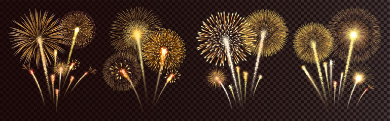 Bright golden fireworks burst on transparent background vector illustration