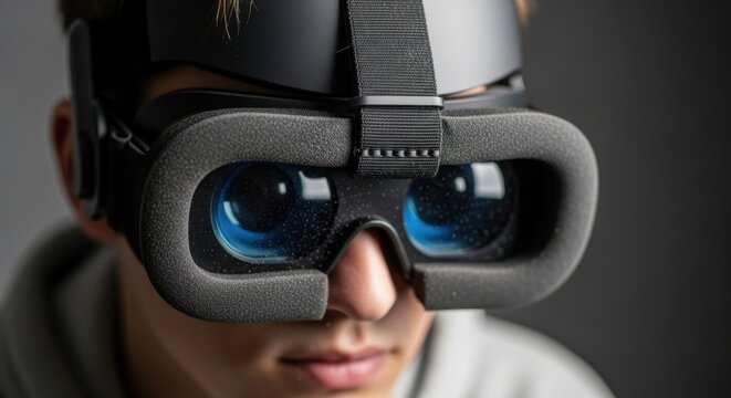 Young caucasian male wearing advanced virtual reality headset displaying immersive technology