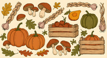 Cozy autumn harvest line-art. Geometric illustrations of pumpkins, mushrooms, garlic braids, and wooden crates. Warm color palette of terracotta, olive green, and mustard yellow on a cream background