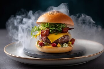 Delectable Burger Extravaganza: A beautifully composed burger with cheese, bacon, and fresh toppings, emanating an inviting vaporous atmosphere, is captured on a slate plate.