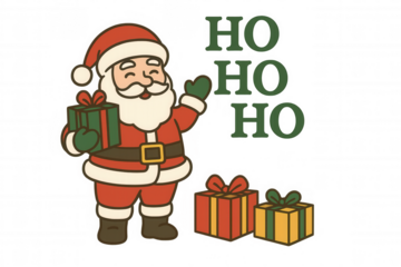 Santa claus cartoon character holding presents, waving and saying ho ho ho with festive christmas gifts