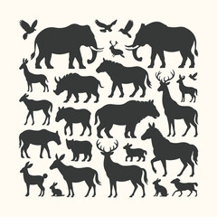 Vector art of collection of diverse animal silhouettes including elephants, rhinos, deer, horses, rabbits, and birds, all isolated on a for easy use