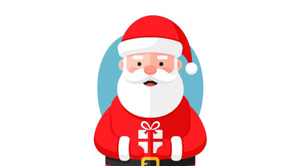 A cheerful Santa Claus holds a gift, rendered in a modern flat design style with clean lines and a limited color palette. This cute illustration is perfect for festive branding.