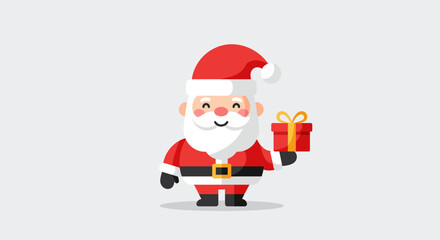 A cheerful Santa Claus holds a gift, rendered in a modern flat design style with clean lines and a limited color palette. This cute illustration is perfect for festive branding.