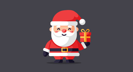 A cheerful Santa Claus holds a gift, rendered in a modern flat design style with clean lines and a limited color palette. This cute illustration is perfect for festive branding.
