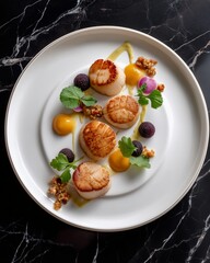 Seared Scallops Gourmet Delight: A culinary masterpiece featuring perfectly seared scallops, arranged artistically on a pristine plate. A visually stunning culinary creation with a high-angle view