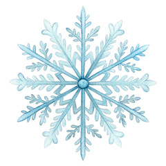 Blue watercolor snowflake with intricate icy branches winter cold isolated on a transparent background