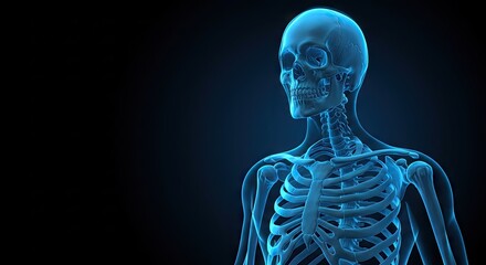 A detailed anatomical illustration of the human skeletal system, showcasing the skull, spine, and rib cage in a vibrant blue hue against a dark background.