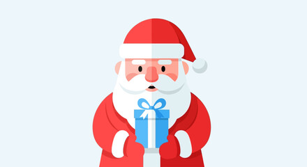 A cheerful Santa Claus holds a gift, rendered in a modern flat design style with clean lines and a limited color palette. This cute illustration is perfect for festive branding.