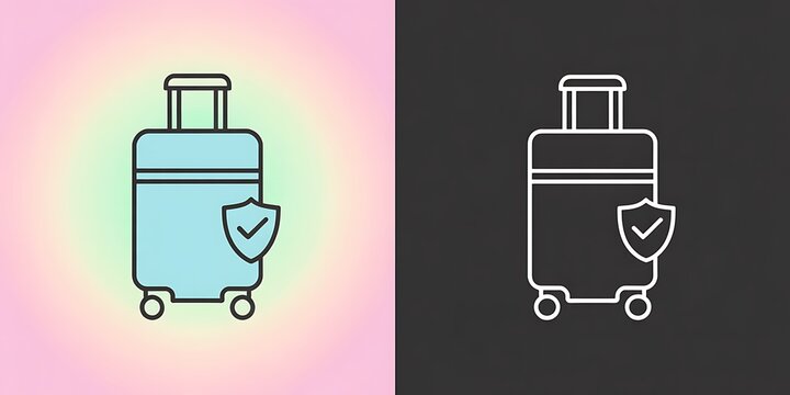 Blue suitcase with shield and checkmark icon on pink gradient background and white icon on black