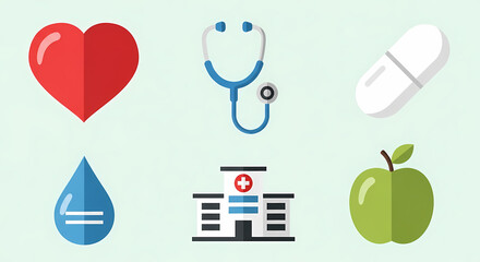 Healthcare essentials promoting healthy lifestyle and wellness, featuring a heart, stethoscope, pill, water, hospital and apple in a modern flat design