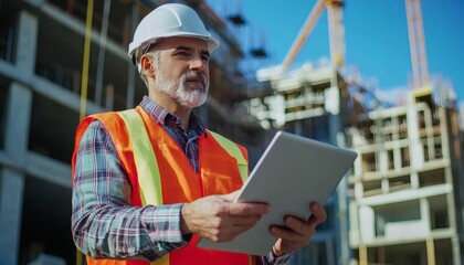 A male construction worker in a hard hat and safety vest uses a tablet computer to review building plans at a construction site, under a bright sunny sky.