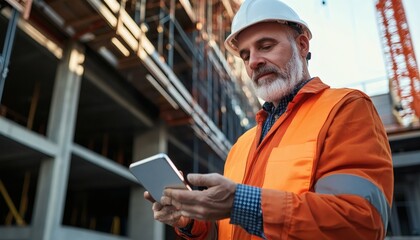 A male construction worker in an orange safety vest and white hard hat is looking at a tablet computer.