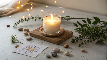 Burning candle sitting on wooden coaster with peaceful ambiance