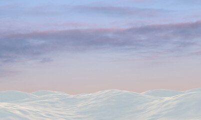 Minimal snowy landscape with blue sky and cloud. 3D rendering.
