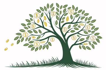 Money tree with dollar sign coins growing from green leaves