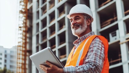 A smiling senior man in a hard hat and safety vest uses a tablet at a building construction site.