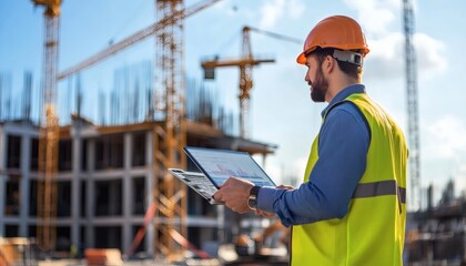 A male construction engineer wearing a safety helmet and vest is reviewing data on a laptop at a building construction site with cranes in the background.