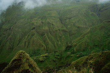Exploring majestic green mountains nature landscape foggy environment aerial view serenity concept