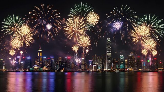 Colorful fireworks display over the Hong Kong skyline at night. Pyrotechnics exploding above Victoria Harbour for a New Year celebration
