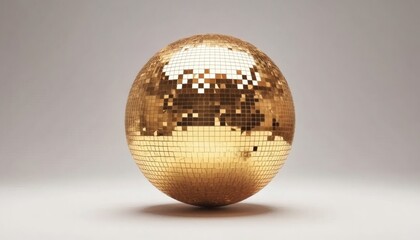 A golden disco ball with many small mirrored squares sits on a plain white surface, reflecting light.