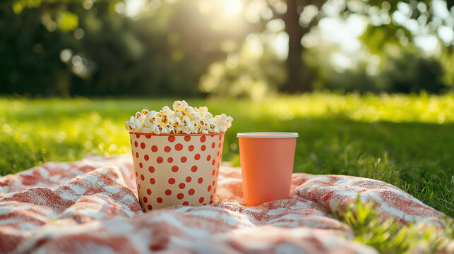 Popcorn and drink on picnic blanket in sunny park