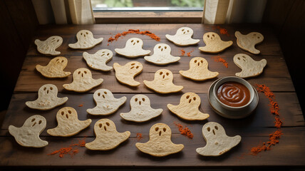 Ghost-shaped cookies are spread across a wooden table. Red sprinkles create a festive layout around the cookies, and a bowl of sauce adds a delicious touch to this cozy arrangement.