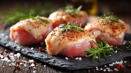 Close-up view of seasoned chicken thighs, garnished with rosemary, on a dark slate board