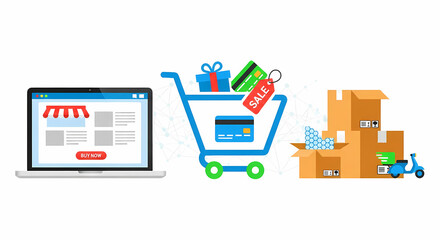Online shopping experience with laptop, shopping cart, sale tag, gift, credit card, delivery boxes, and scooter, perfect for e-commerce promotions