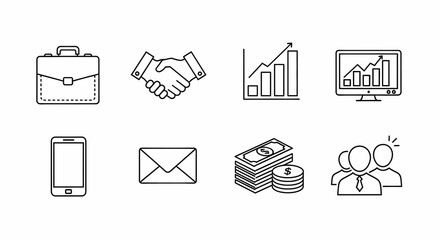 Professional business icons showing agreement, growth, money, teamwork, and communication for modern company concepts and successful strategies
