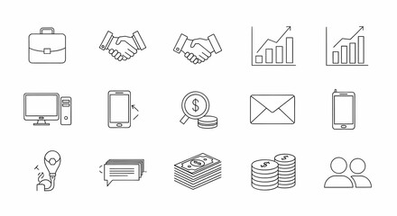 Modern business icons conveying success, partnership, growth, and communication for corporate presentations and digital marketing materials, clean and professional