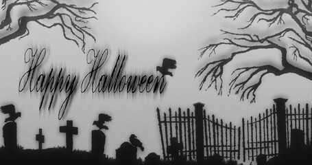 Ink-on-paper depiction of a spooky graveyard scene and a greeting