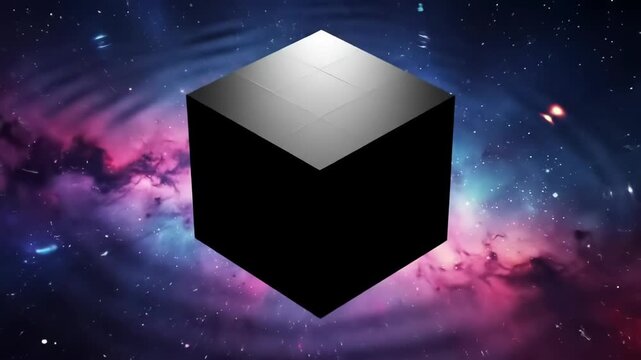 A mysterious black cube floats in the vastness of space, set against a backdrop of a colorful nebula and distant stars.