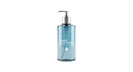 Blue hand sanitizer bottle isolated on transparent background, a hygiene product for disinfecting hands, providing protection against germs and bacteria