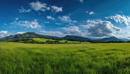 Panoramic view of lush green field under a blue sky with mountains in the distance