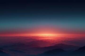 Mountains landscape with glowing sunset horizon over clouds