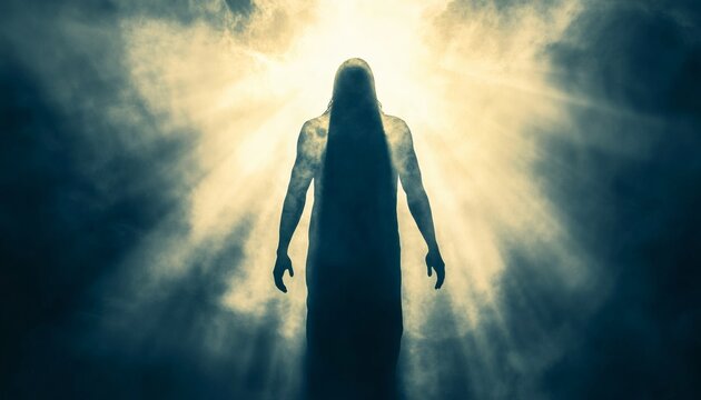 The illustration shows a dark silhouette of a man with long hair, standing in a hazy, smoky atmosphere, illuminated by a bright light source from behind. - Powered by Adobe