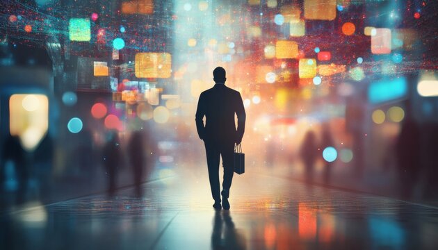 A man in a suit walks away from the camera, carrying a briefcase, in a blurred city setting with colorful lights and bokeh effects.