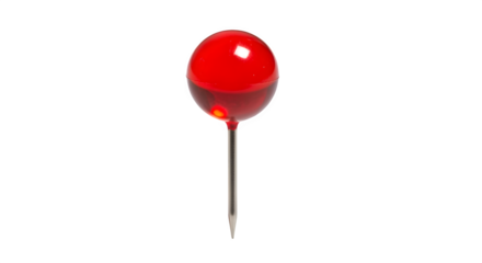 A vibrant red push pin isolated on transparent background, ideal for marking locations, reminders, or adding a pop of color to your board