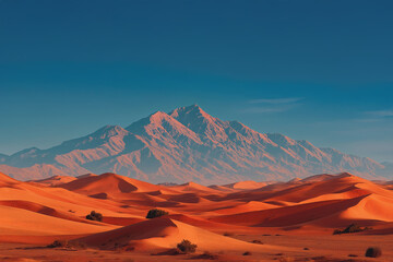Naklejka premium Desert sand dunes with distant rugged mountains