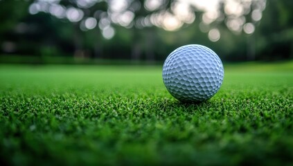Obraz premium Close-up of a golf ball sitting on lush green grass with a blurred background of trees