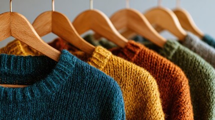 Colorful sweaters on wooden hangers, close-up, inviting warmth and texture
